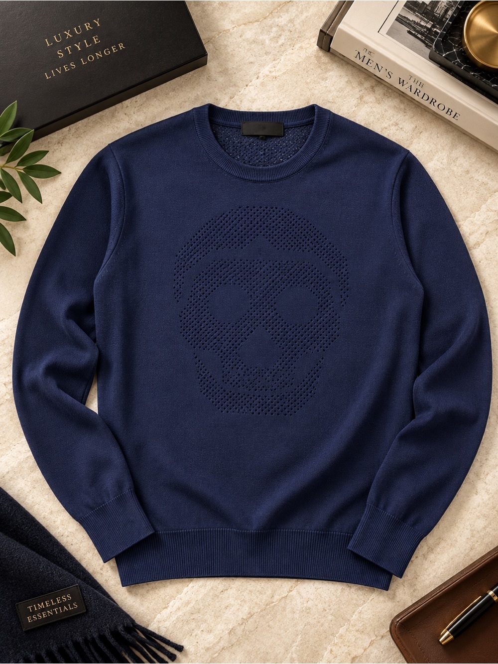 Alexander McQueen Men’s Navy Wool Skull Sweater Size L Made in Italy